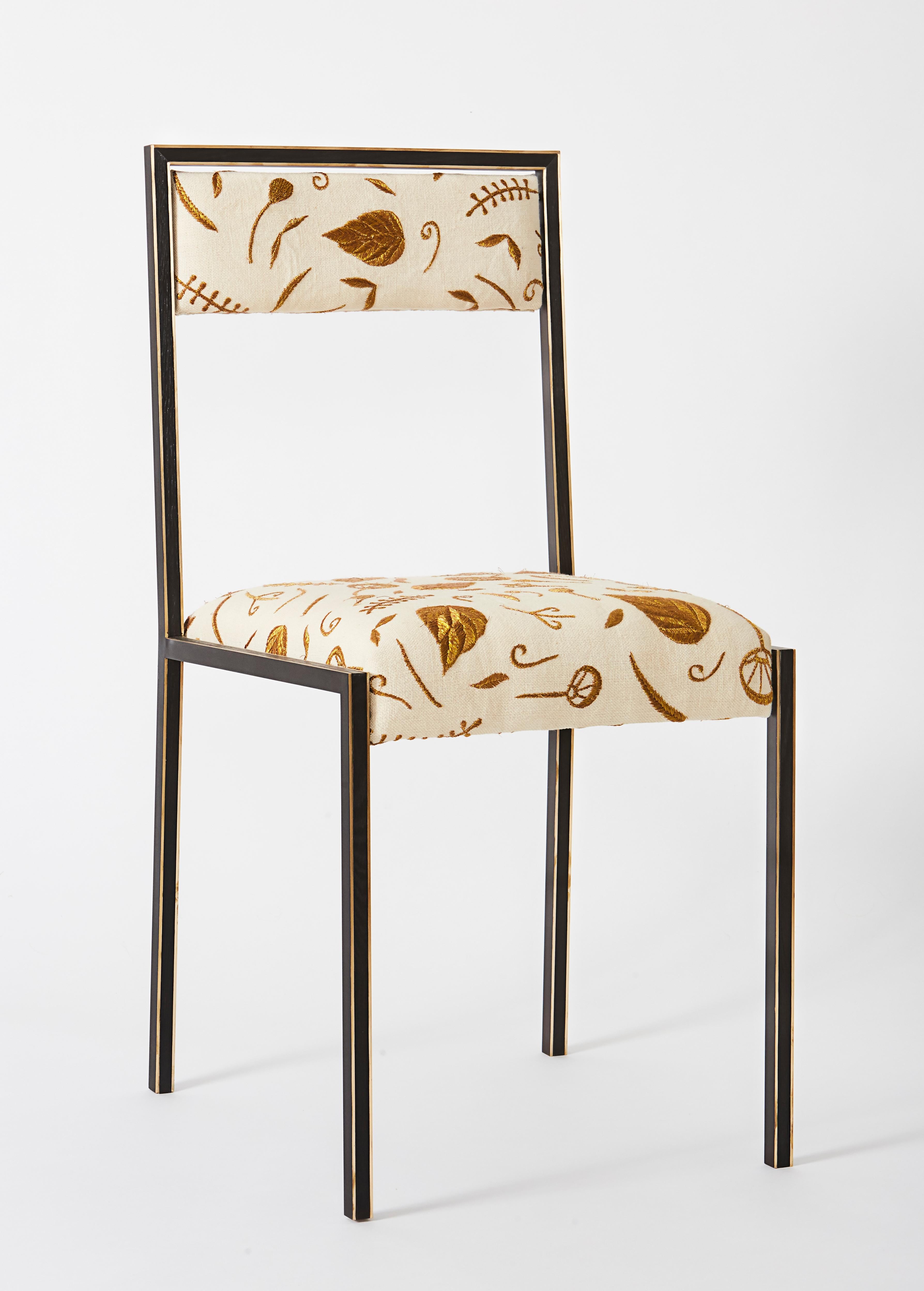 Black (Blackened Brass) Medici Chair with Embroidered Woven Linen by Cam Crockford 2