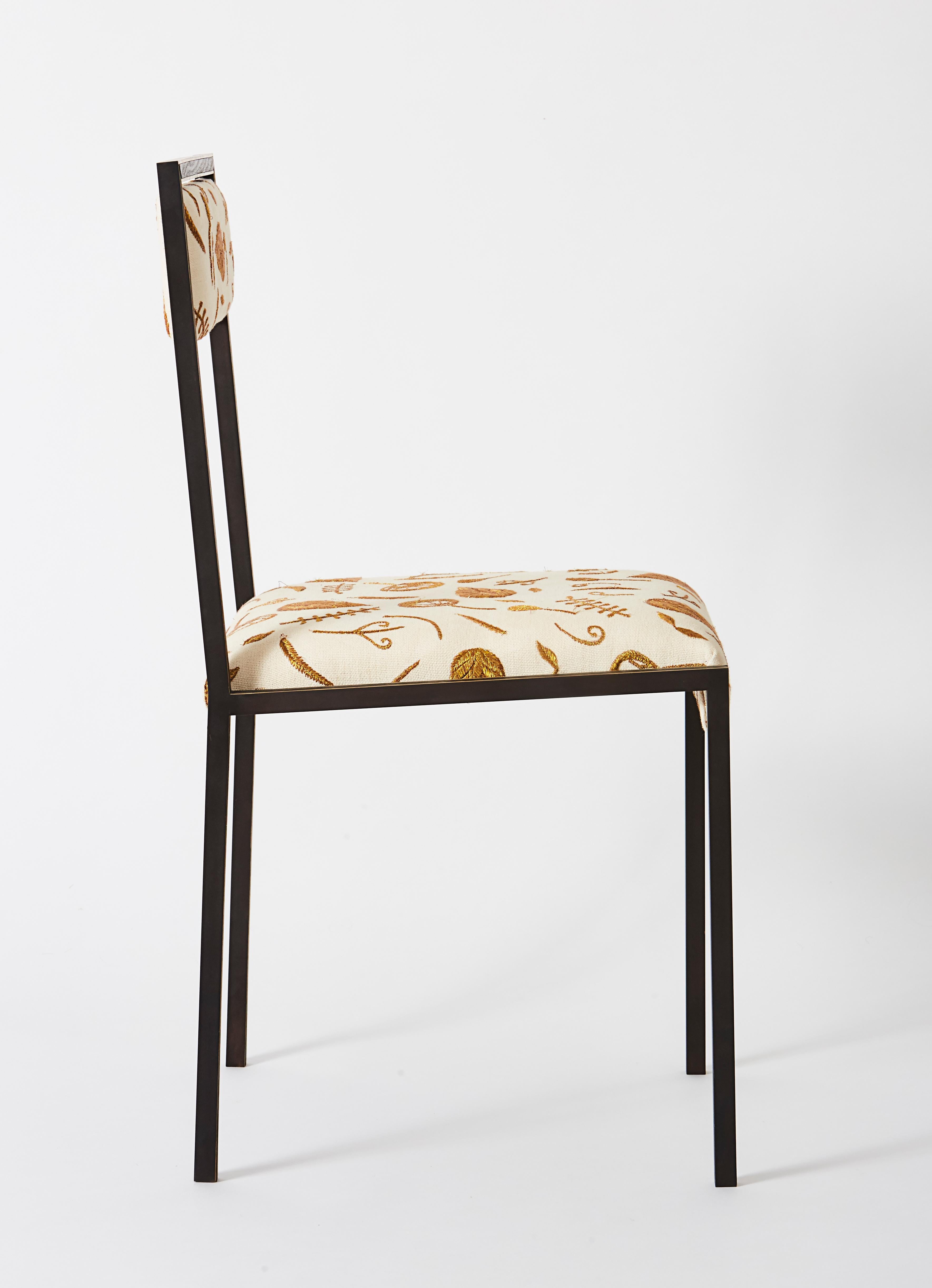Black (Blackened Brass) Medici Chair with Embroidered Woven Linen by Cam Crockford 3