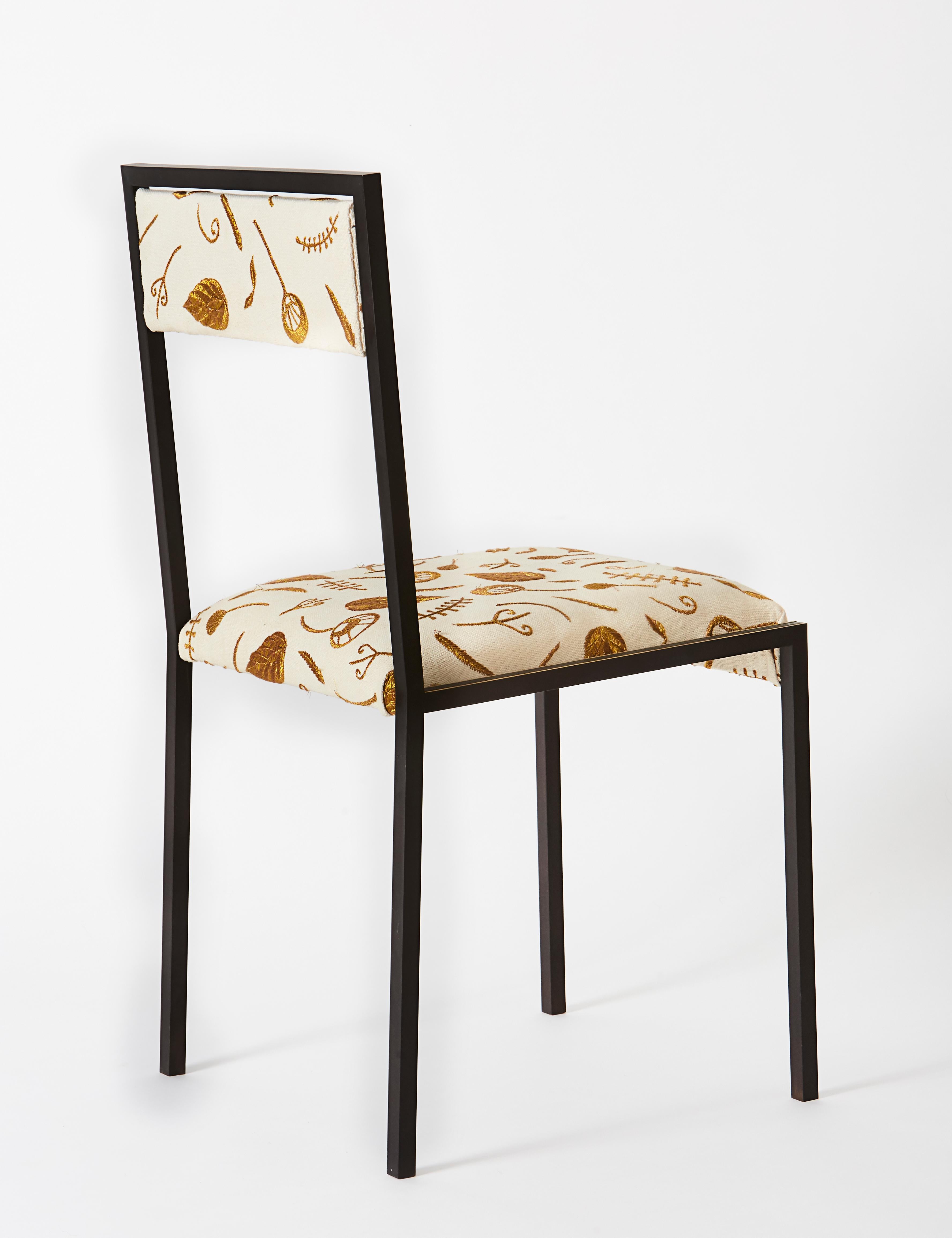 Black (Blackened Brass) Medici Chair with Embroidered Woven Linen by Cam Crockford 4
