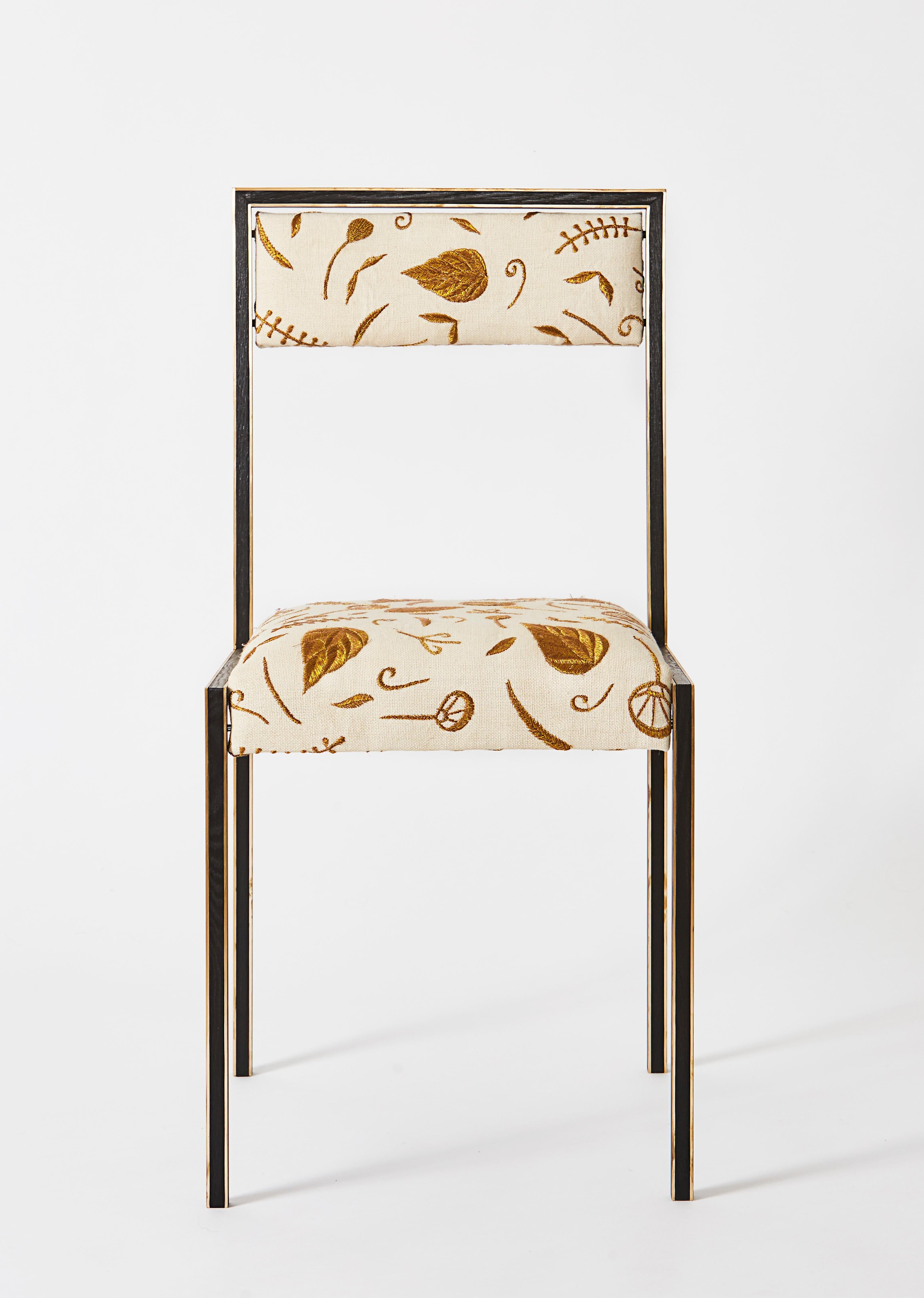 Black (Blackened Brass) Medici Chair with Embroidered Woven Linen by Cam Crockford 5