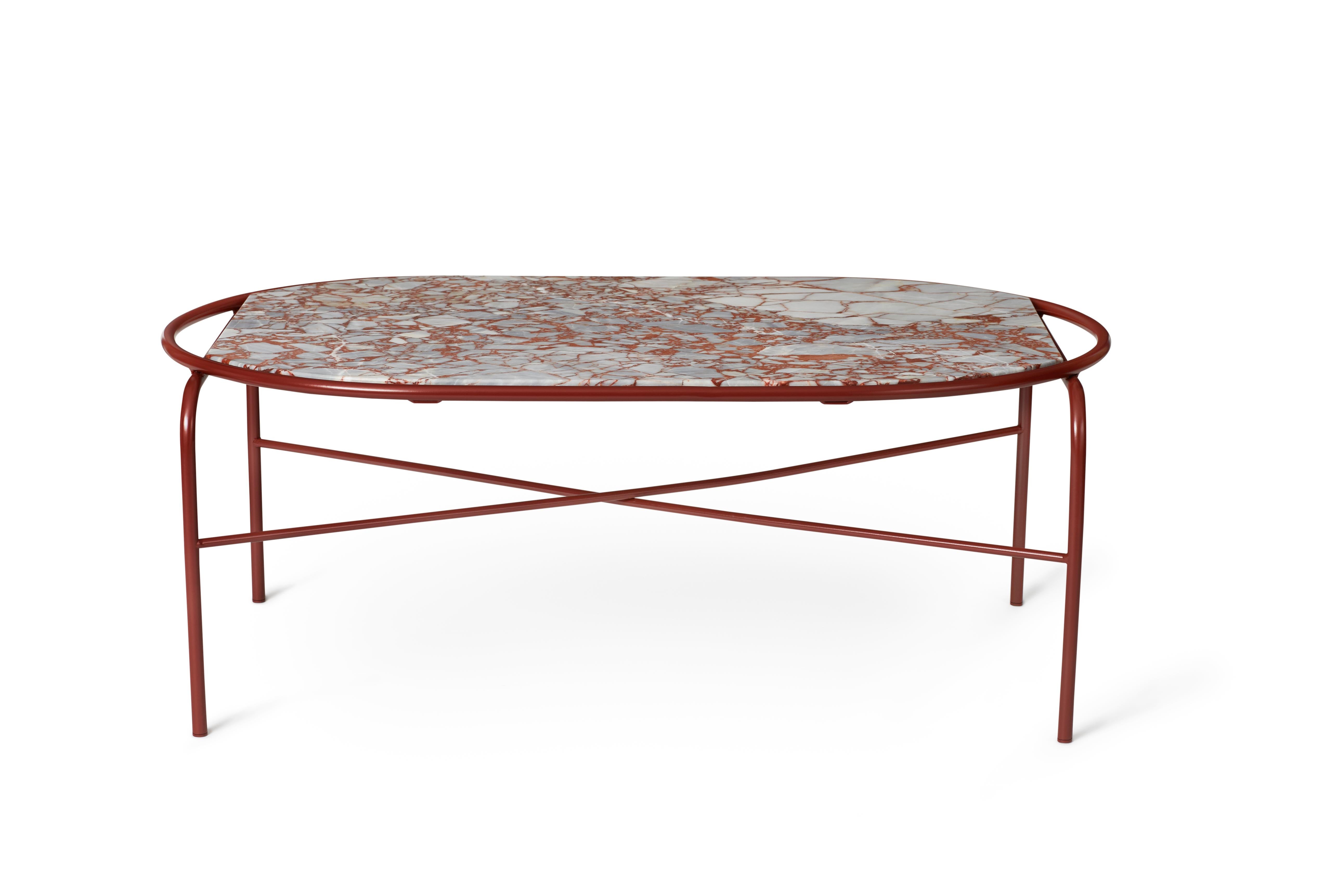 For Sale: Red (Marble red veined) Secant Oval Table in Steel Frame, by Sara Wright Polmar from Warm Nordic