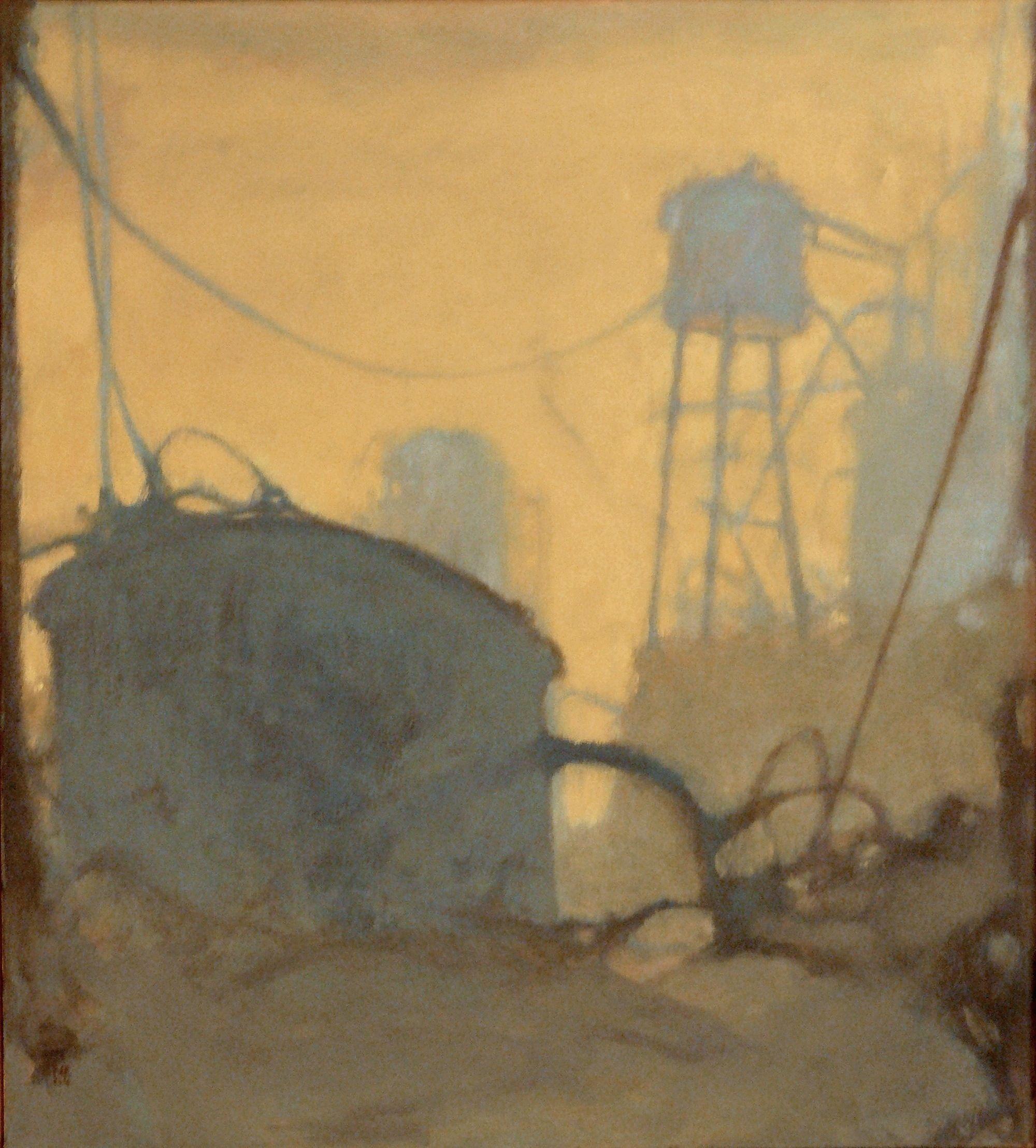In this fictional industrial landscape, an eerie yellow sky glows behind a gathering of structures.   They could be water towers, or tanks holding some substance.  The work comes framed with a contemporary light wood frame and is ready to hang. ::