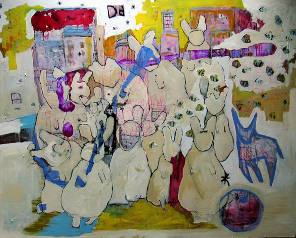 ParisCommune, colorful iconographic abstract animals bunnies - Painting by C. Dimitri