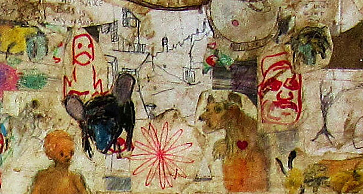 Greta der Große, abstraktes Gemälde auf Tafel, Text, Ikonographie, 
