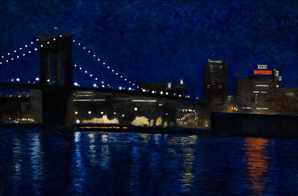 Brooklyn Bridge 2, dark colors, urban night view of New York - Painting by Gregory Frux