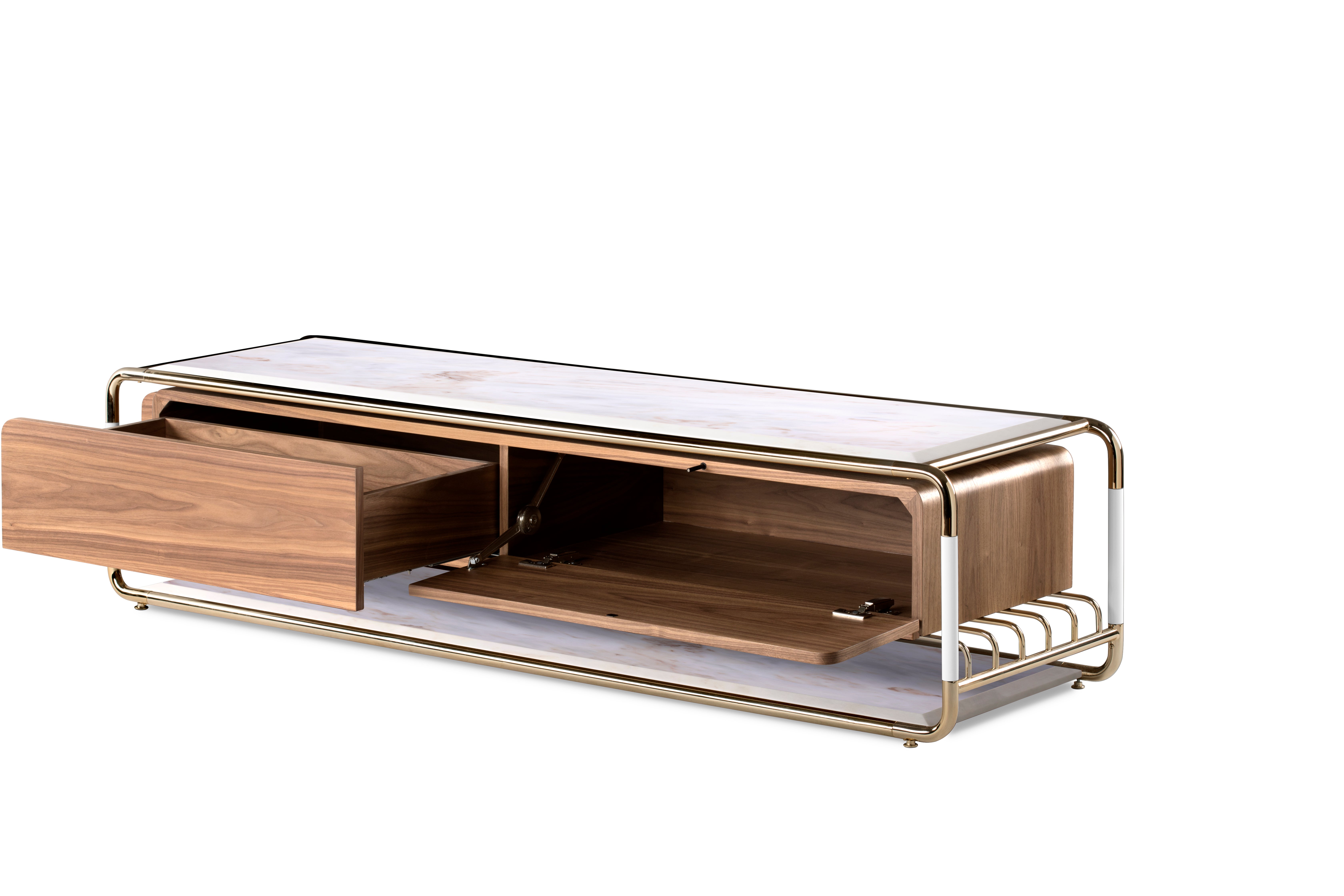 Lautner TV Table in Brass, Marble and Wood For Sale