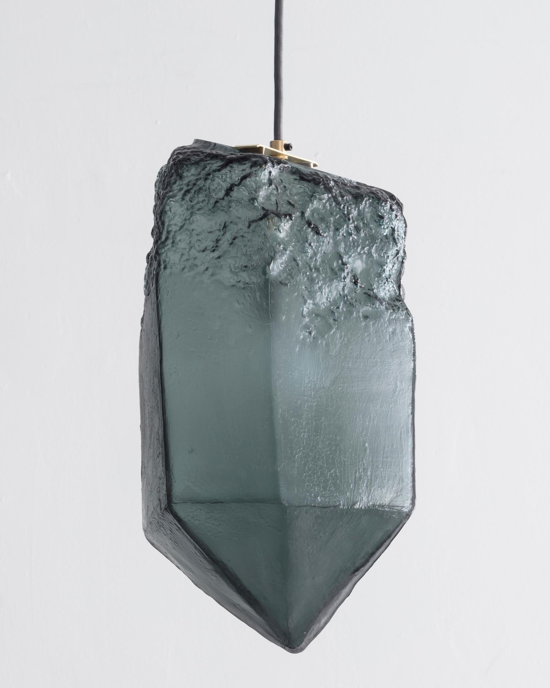 Crystal illuminated sculptural pendant in hand blown dark gray glass. Designed and made by Jeff Zimmerman, USA, 2017.
 