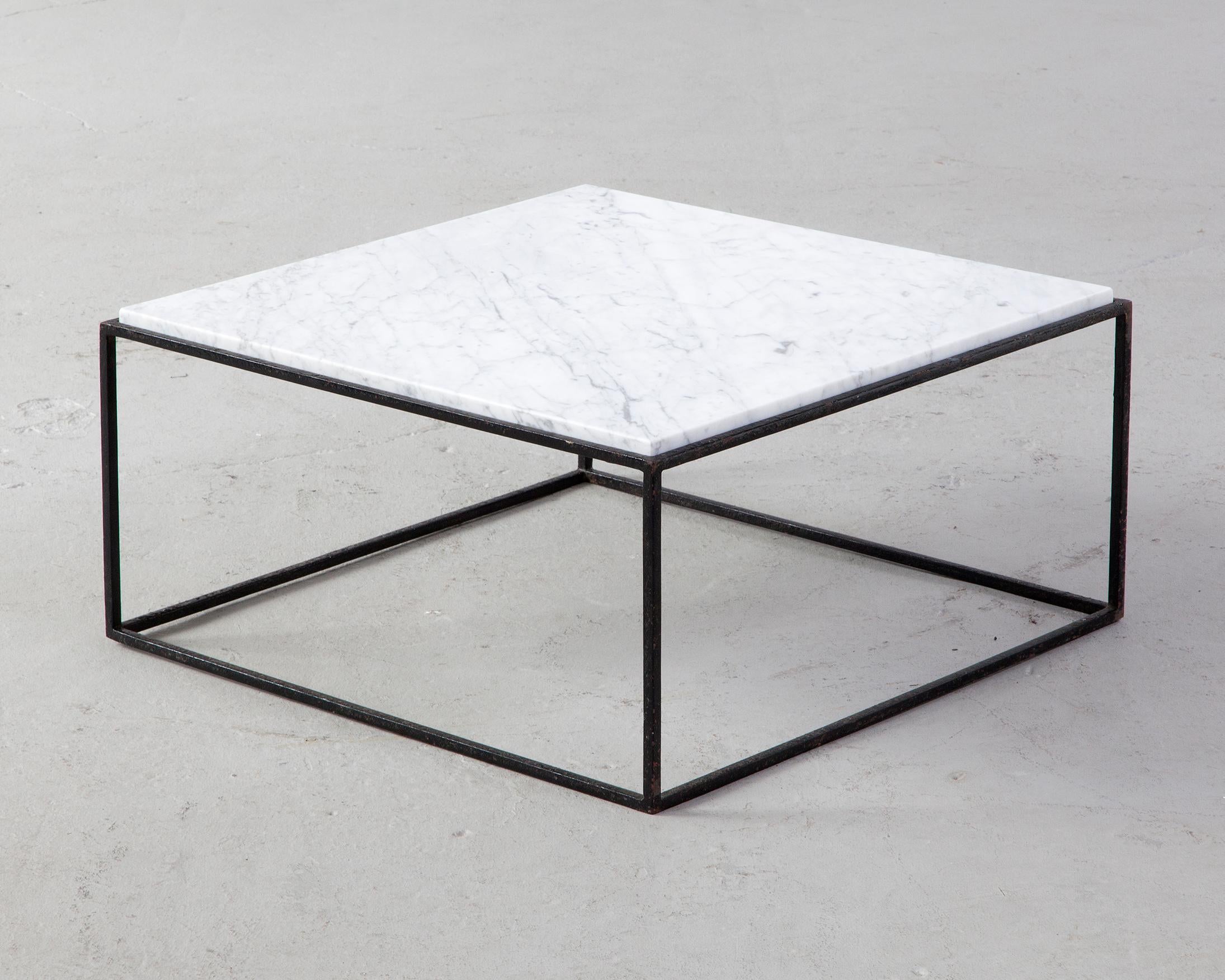 Square coffee table with iron base and marble top. Designed by Jorge Zalszupin for L'Atelier, Brazil, circa 1960.
 