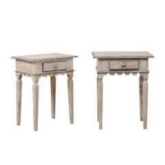 Vintage Pair of Single Drawer Carved and Painted Wood Side Tables with Scalloped Aprons