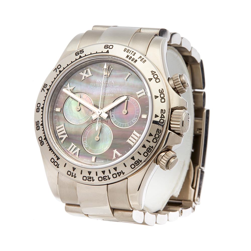 Contemporary 2007 Rolex Daytona White Gold 116509 Wristwatch
 *
 *Complete with: Box & Guarantee dated 1st July 2007
 *Case Size: 40mm
 *Strap: 18K White Gold Oyster
 *Age: 2007
 *Strap length: Adjustable up to 17cm. Please note we can order spare