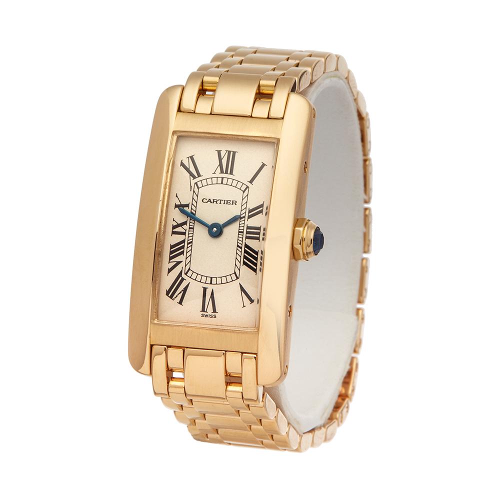 Contemporary 1990s Cartier Tank Americaine Yellow Gold 1710 Wristwatch
 *
 *Complete with: Presentation Box dated 1990s
 *Case Size: 19mm by 34mm
 *Strap: 18K Yellow Gold
 *Age: 1990's
 *Strap length: Adjustable up to 18cm. Please note we can order