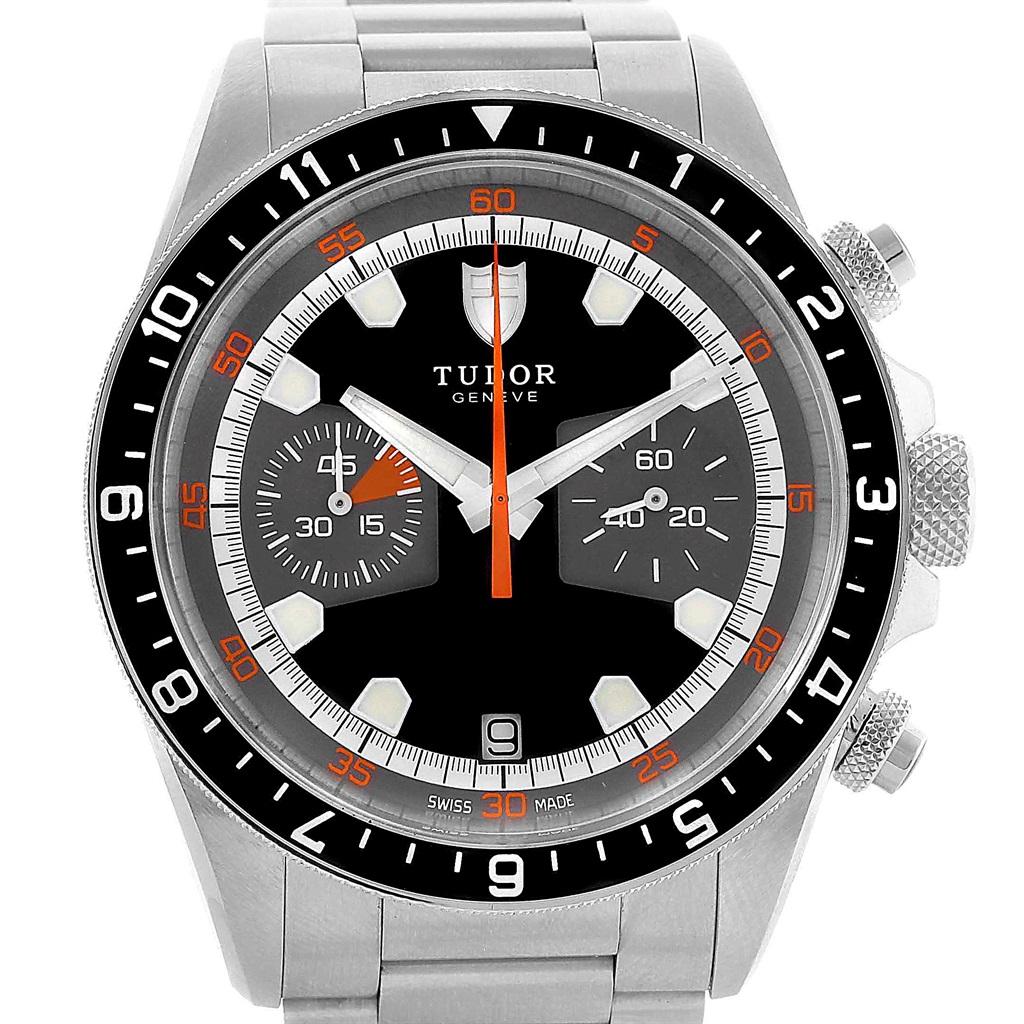 Tudor Heritage Chrono Black Grey Dial Mens Watch 70330N Card. Automatic self-winding movement with chronograph function. Stainless steel oyster case 42 mm in diameter. Crown with the black lacquered shield and Tudor Logo. Bi-directional rotating