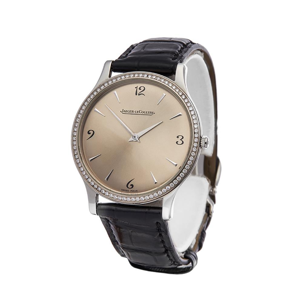 Contemporary 2000s Jaeger-LeCoultre Master Control Ultra Thin Stainless Steel Wristwatch
 *
 *Complete with: Box Only dated 2000's
 *Case Size: 34mm
 *Strap: Black Leather
 *Age: 2000's
 *Strap length: Adjustable up to 20cm. Please note we can order