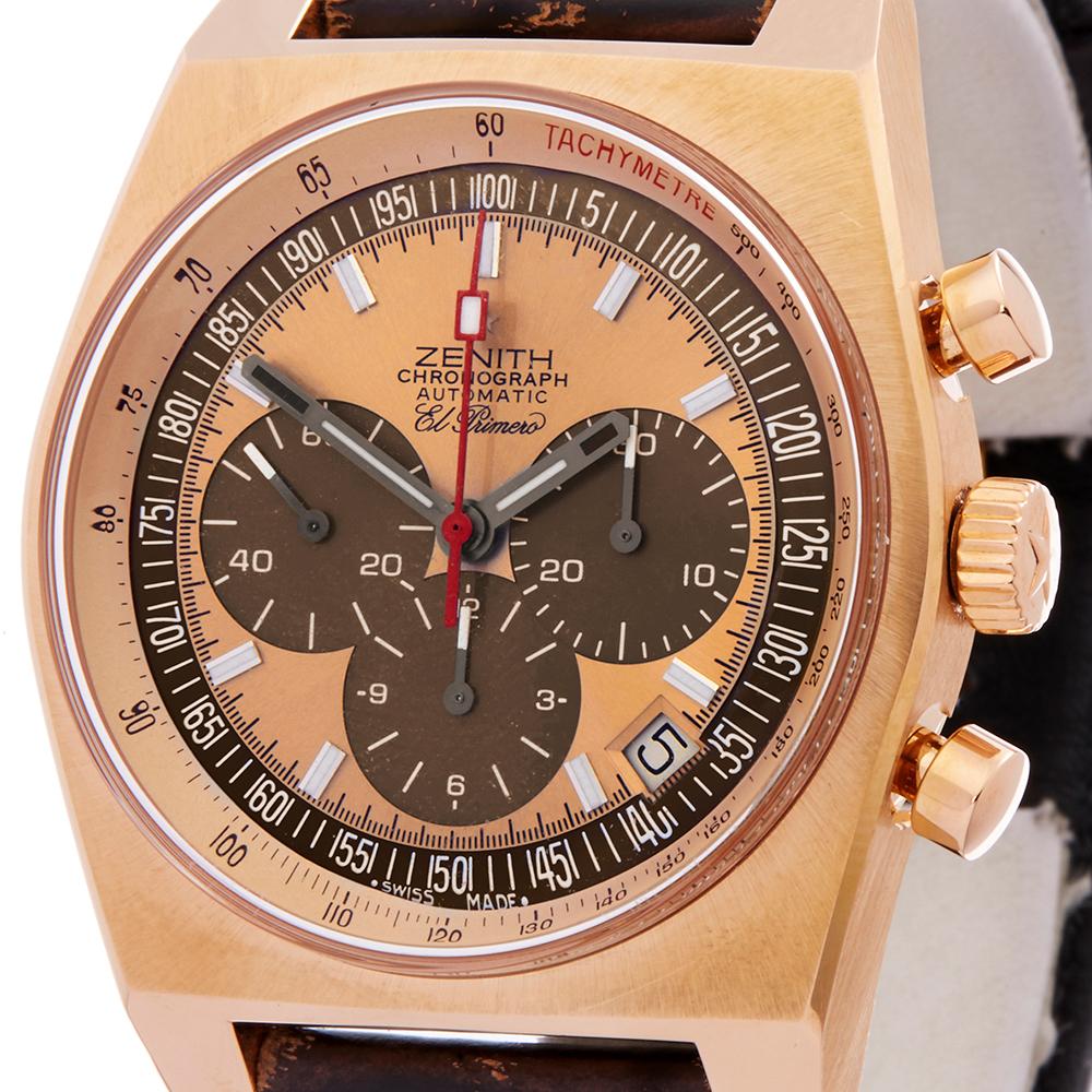 Contemporary 2016 Zenith Vintage Chronograph Rose Gold 18.1969.469 Wristwatch
 *
 *Complete with: Xupes Presentation Pouch & Guarantee dated 1st July 2016
 *Case Size: 40mm
 *Strap: Brown Leather
 *Age: 2016
 *Strap length: Adjustable up to 20cm.