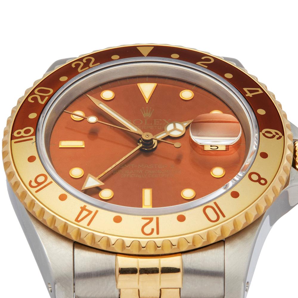 1990 Rolex GMT-Master II Rootbeer Steel & Yellow Gold 16713 Wristwatch In Fair Condition In Bishops Stortford, Hertfordshire