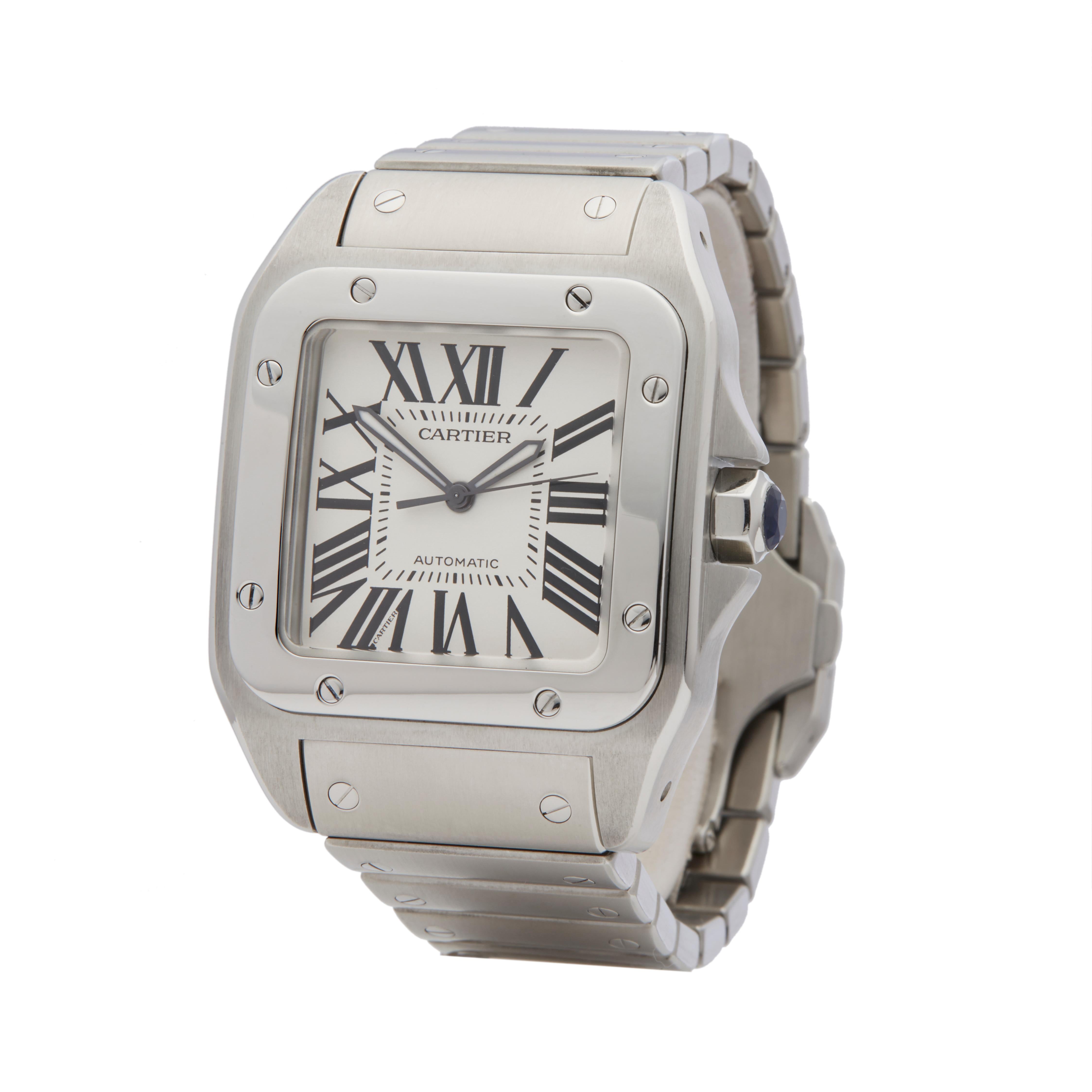 Contemporary 2008 Cartier Santos 100 Stainless Steel 2858 Wristwatch
 *
 *Complete with: Presentation Pouch & Guarantee dated 30th August 2008
 *Case Size: 38mm by 51mm
 *Strap: Stainless Steel
 *Age: 2008
 *Strap length: Adjustable up to 16cm.