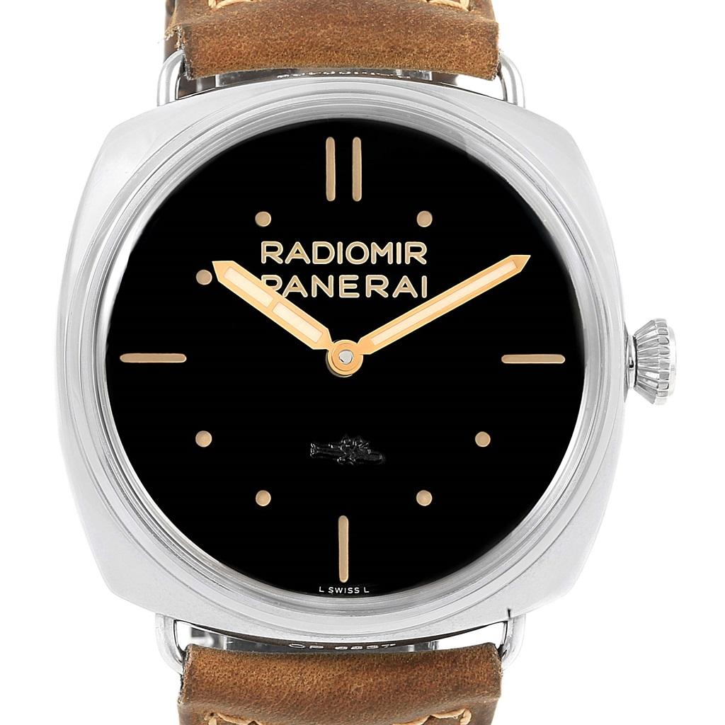 Panerai Radiomir SLC Acciaio 47mm 3 Days Power Reserve Watch PAM00425. Manual winding movement. Caliber P.3000. Stainless steel cushion shaped case 47.0 mm in diameter. Exhibition sapphire caseback. Stainless steel sloped bezel. Scratch resistant