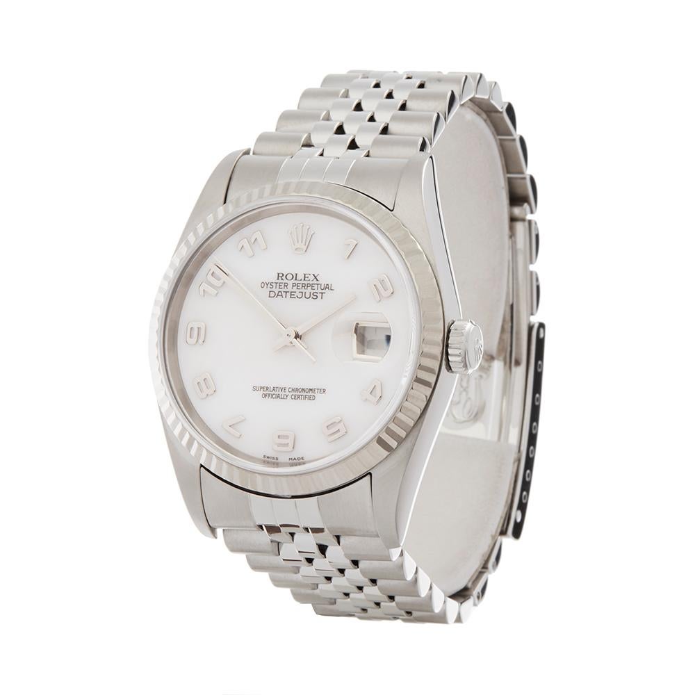 Contemporary 2005 Rolex Datejust 36 Steel & White Gold 16234 Wristwatch
 *
 *Complete with: Box Only dated 2005
 *Case Size: 36mm
 *Strap: Stainless Steel Jubilee
 *Age: 2005
 *Strap length: Adjustable up to 18cm. Please note we can order spare