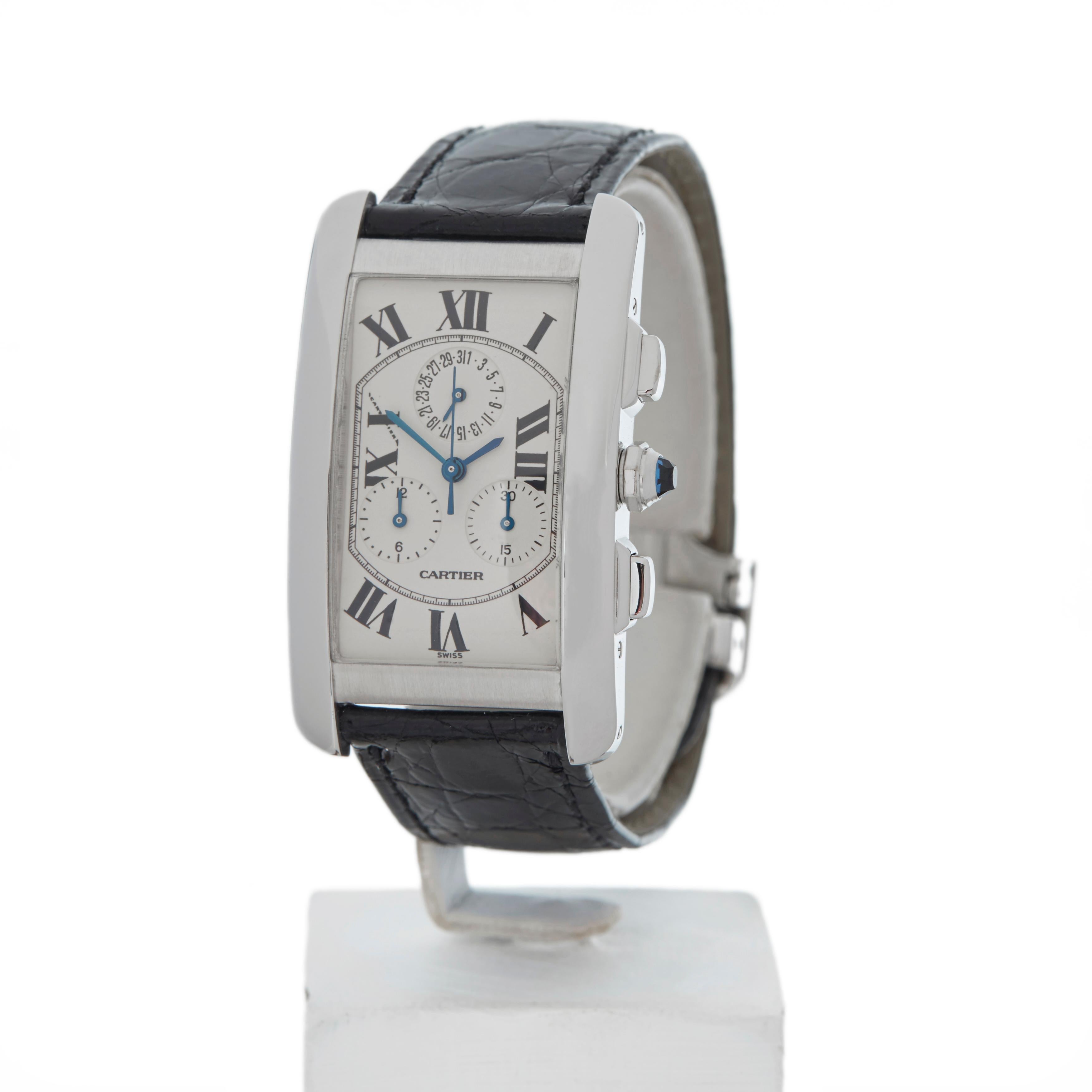 Contemporary 2000s Cartier Tank Americaine White Gold W2603356 Wristwatch
 *
 *Complete with: Box Only dated 2000s
 *Case Size: 26mm
 *Strap: Black Crocodile Leather
 *Age: 2000's
 *Strap length: Adjustable up to 18cm. Please note we can order spare