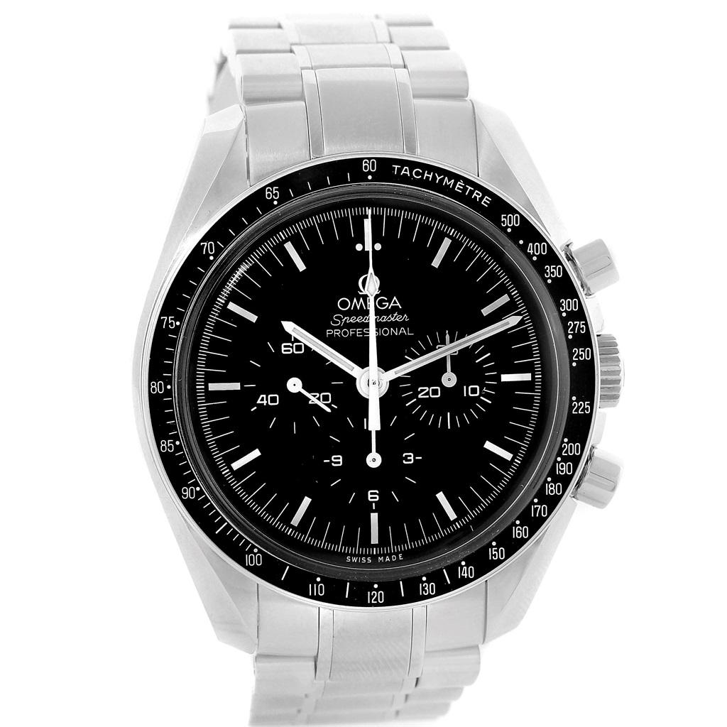 Omega Speedmaster Moonwatch Mens Watch 311.30.42.30.01.005 Box Card. Manual winding chronograph movement. Stainless steel round case 42.0 mm in diameter. Fixed stainless steel bezel with tachymetre function. Hesalite crystal. Black dial with indexes