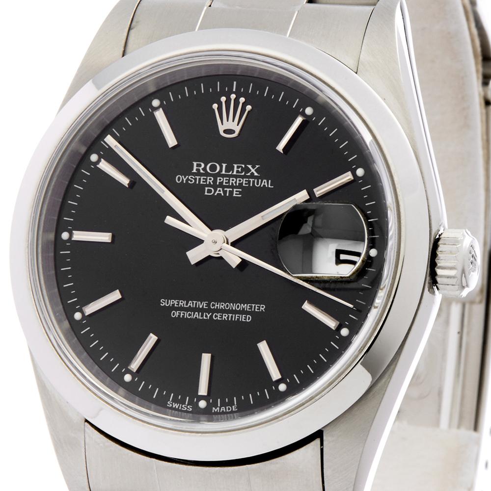 Contemporary 2002 Rolex Oyster Perpetual Date Stainless Steel 15200 Wristwatch
 *
 *Complete with: Presentation Pouch And Guarantee Only dated 2002
 *Case Size: 34mm
 *Strap: Stainless Steel Oyster
 *Age: 2002
 *Strap length: Adjustable up to 17cm.