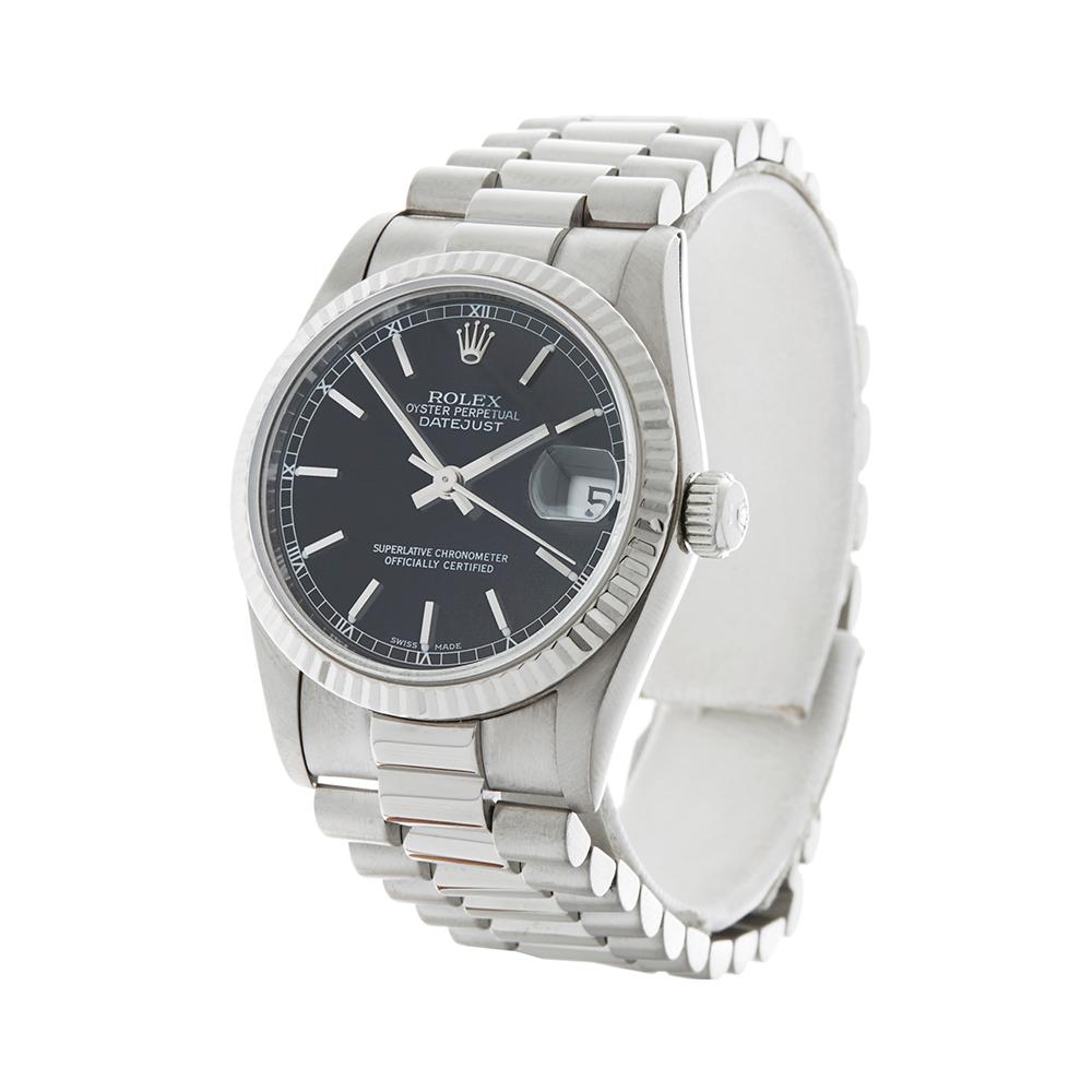 Contemporary 1991 Rolex Datejust White Gold 68279 Wristwatch
 *
 *Complete with: Box & Guarantee dated 15th May 1991
 *Case Size: 31mm
 *Strap: 18K White Gold President
 *Age: 1991
 *Strap length: Adjustable up to 16cm. Please note we can order