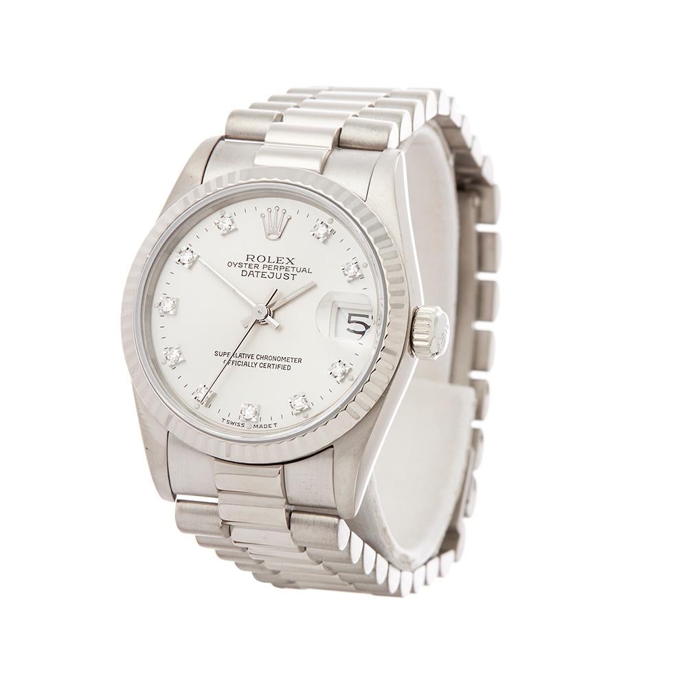 Vintage
 *
 *Complete with: Box & Service Papers dated 1st September 2015 dated 1990
 *Case Size: 31mm
 *Strap: 18K White Gold President
 *Age: 1990
 *Strap length: Adjustable up to 17cm. Please note we can order spare links and alternate
