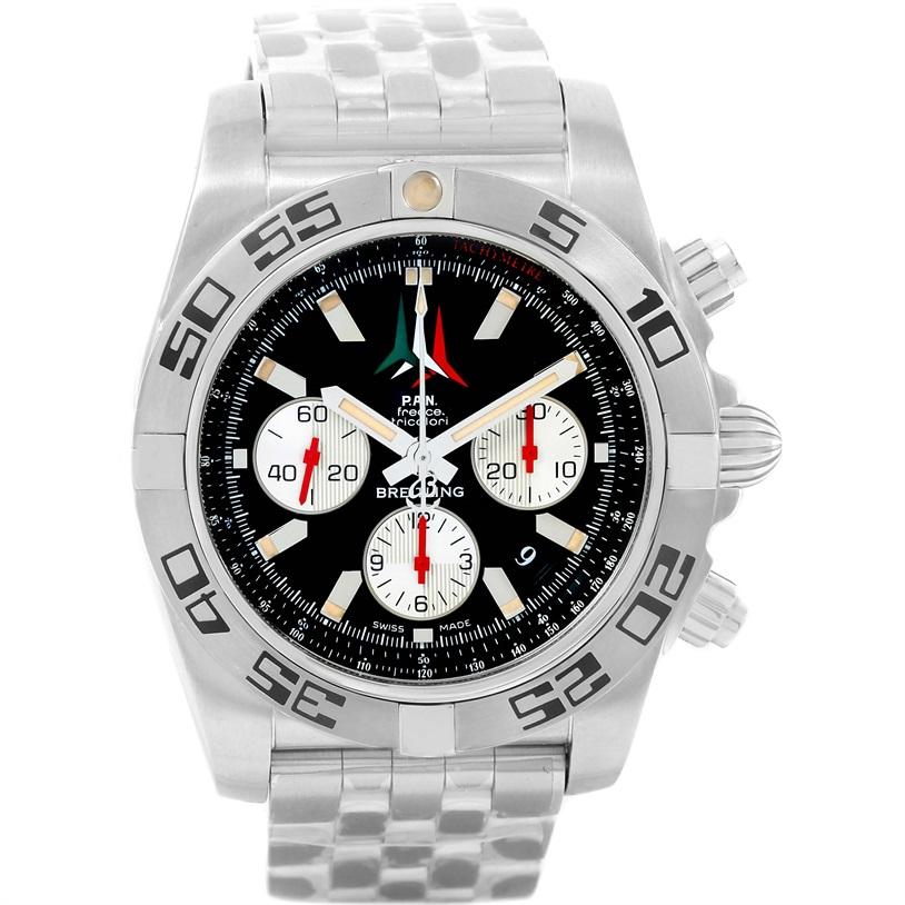 Breitling Chronomat 01 Black Dial Steel Mens Watch AB0110 Unworn. Self-winding automatic officially certified chronometer movement. Chronograph function. Stainless steel case 43.5 mm in diameter with screwed down crown and pushers. Scratch resistant