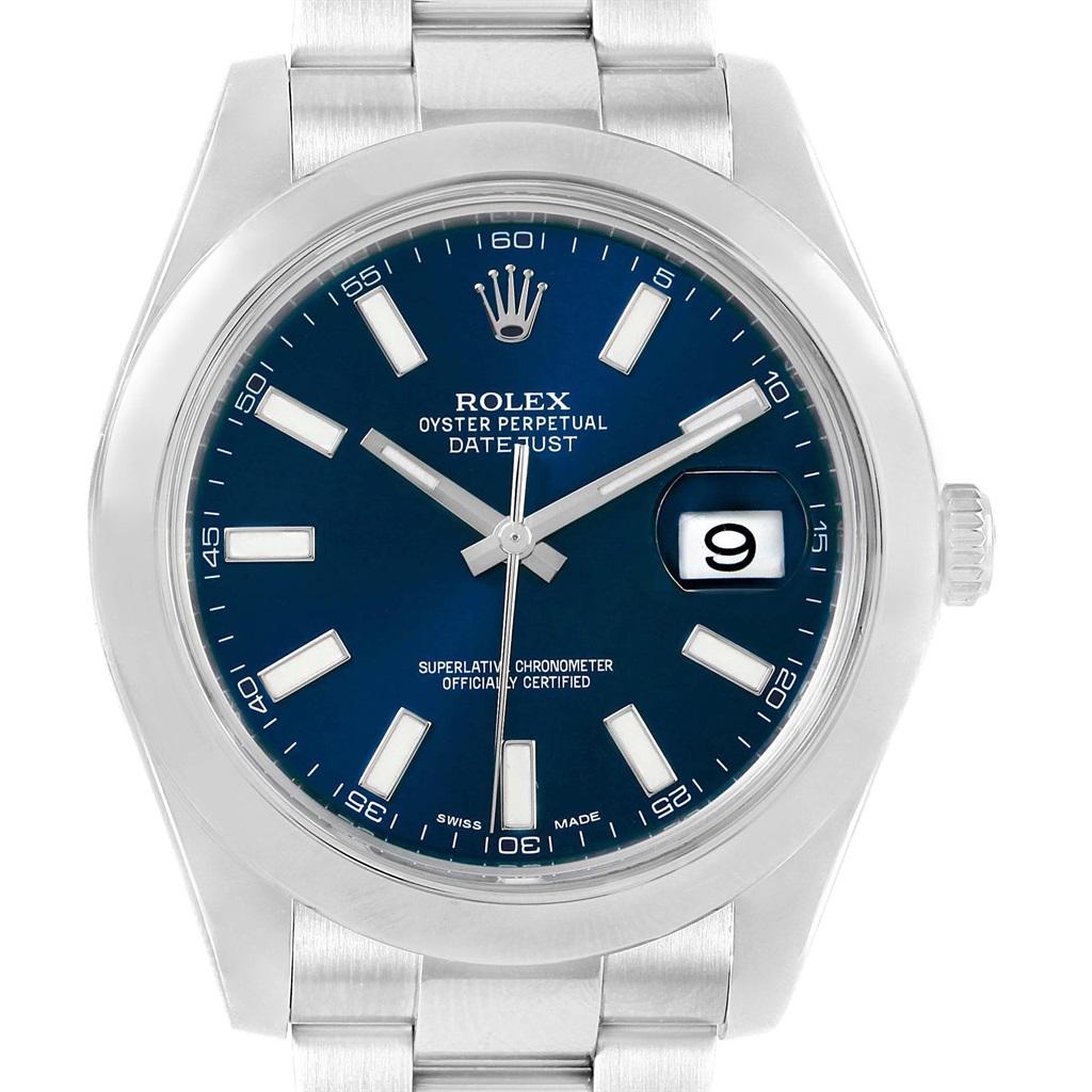 Rolex Datejust II Blue Baton Dial Steel Men’s Watch 116300 Box Card 1