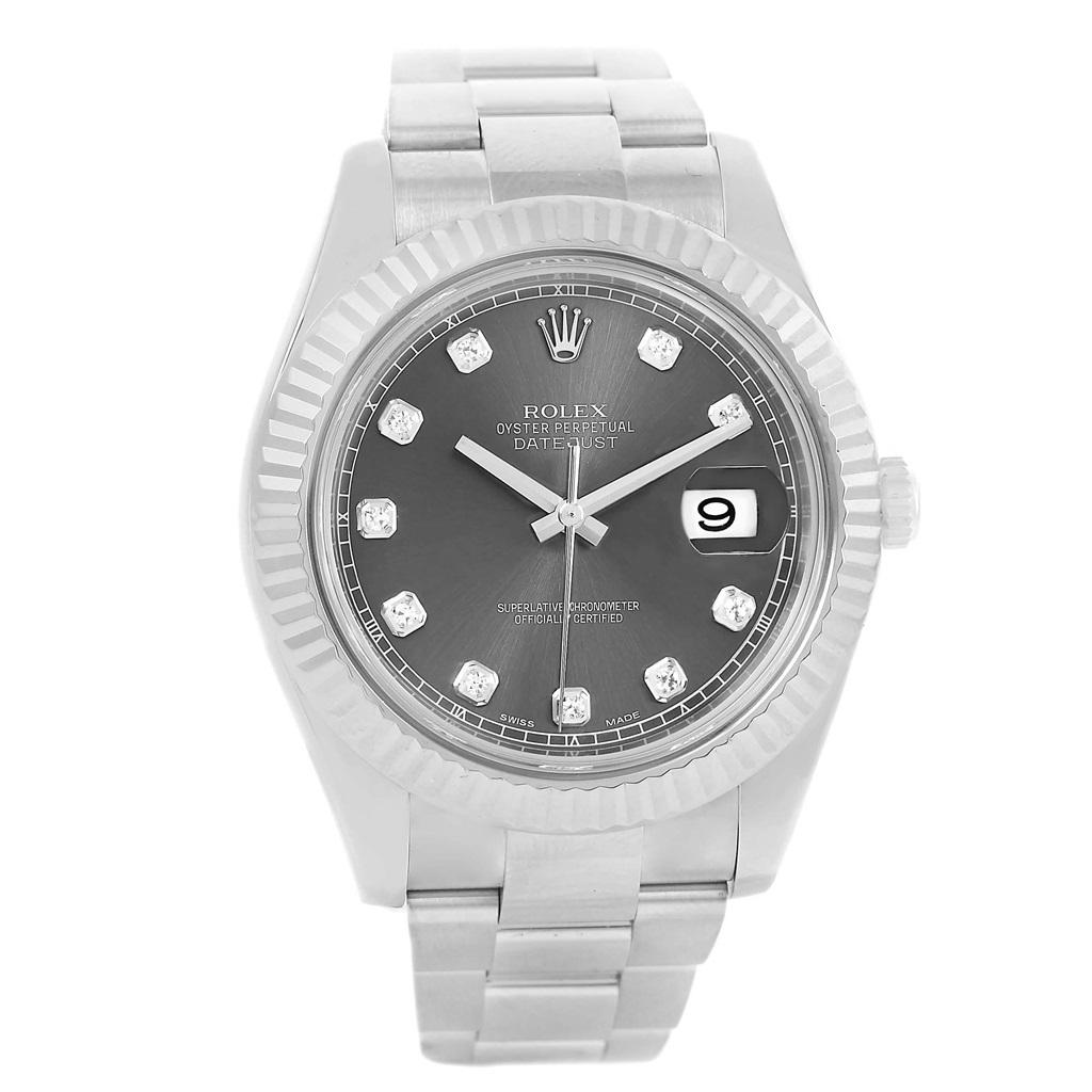 Rolex Datejust II Diamond Dial Fluted Bezel Mens Watch 116334 Box Card. Officially certified chronometer automatic self-winding movement. Stainless steel case 41.0 mm in diameter. High polished lugs. Rolex logo on a crown. 18K white gold fluted