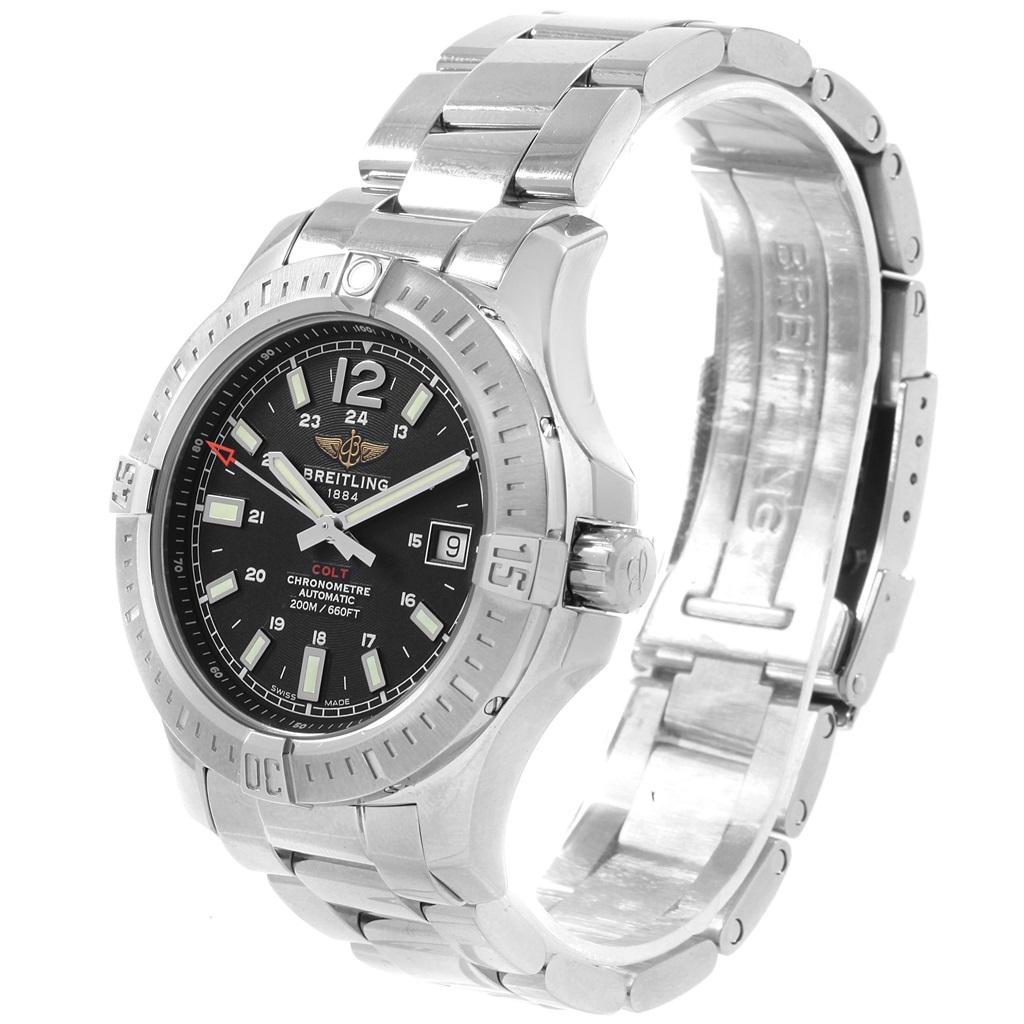 Breitling Colt Black Dial Automatic Steel Mens Watch A17313. Automatic self-winding chronometer movement. Stainless steel case 41.0 mm in diameter. Breitling logo on a crown. Case thickness: 10.70 mm. Stainless steel unidirectional rotating bezel.