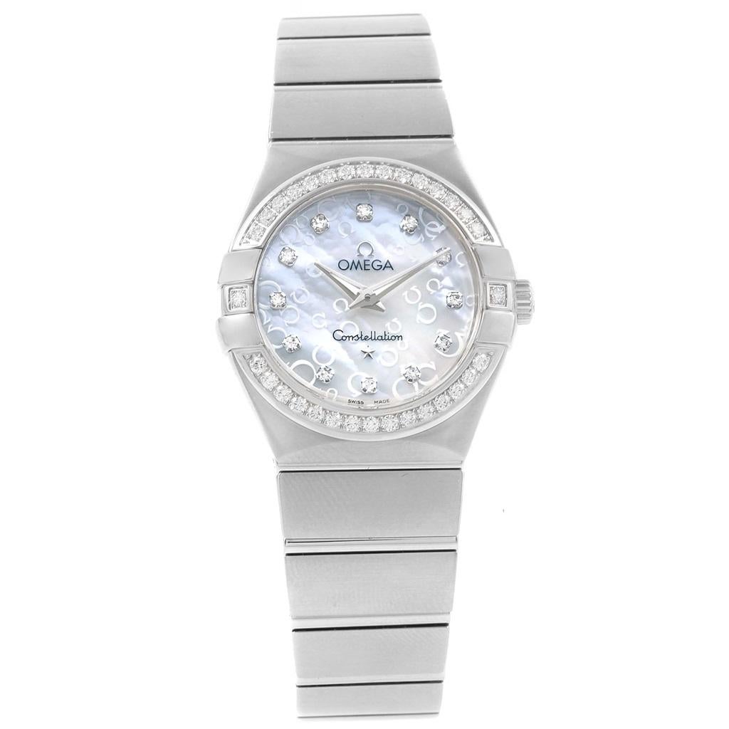 Omega Constellation MOP Diamonds Ladies Watch 123.15.27.60.55.005 Unworn. Quartz movement. Stainless steel brushed round case 27 mm in diameter. Stainless steel diamond bezel. Scratch resistant sapphire crystal. White mother-of-pearl dial with Omega