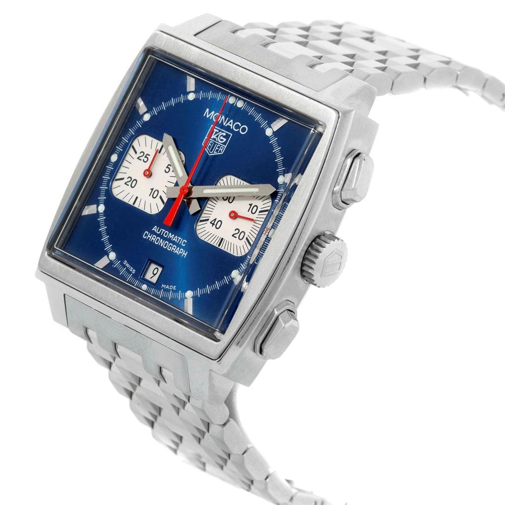 Tag Heuer Monaco Blue Dial Automatic Chronograph Mens Watch CW2113. Automatic self-winding movement. Alternate fine-brushed and polished stainless steel case 38.0 x 38.0 mm. Fluted crown. Stainless steel fixed bezel. Plexiglass crystal. Blue dial
