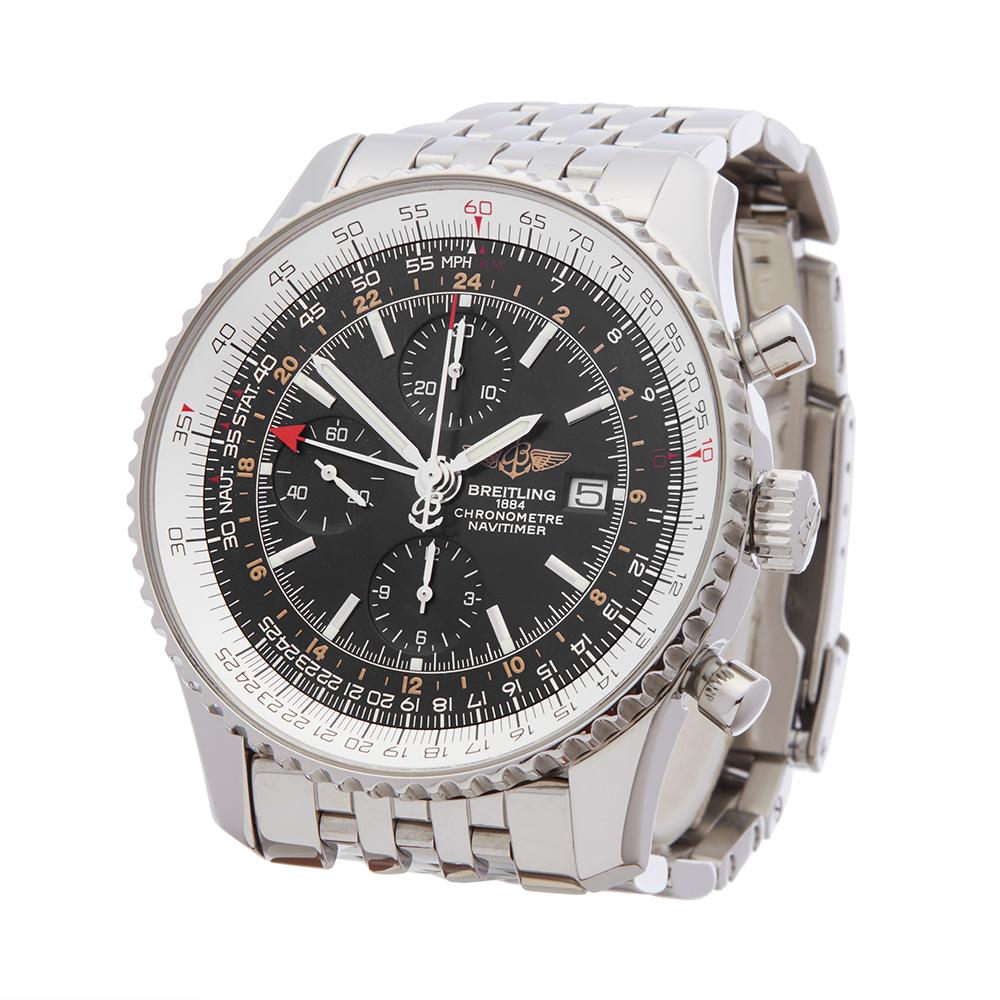 Contemporary 2008 Breitling Navitimer World Chronograph Stainless Steel A24322 Wristwatch
 *
 *Complete with: Box, Manuals & Guarantee dated 22th June 2008
 *Case Size: 46mm
 *Strap: Stainless Steel
 *Age: 2008
 *Strap length: Adjustable up to 19cm.