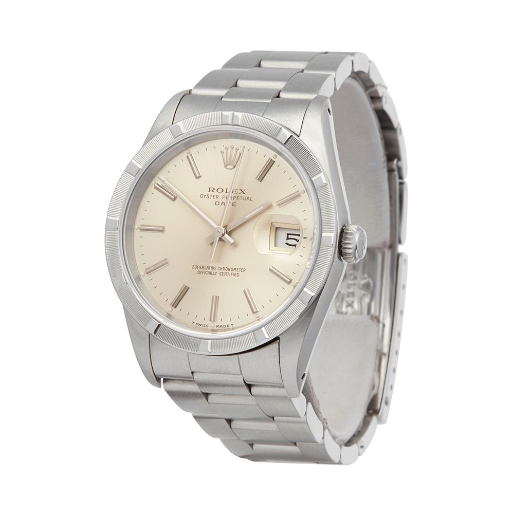 Contemporary 1989 Rolex Oyster Perpetual Date Stainless Steel 15210 Wristwatch
 *
 *Complete with: Presentation Box dated 1989
 *Case Size: 34mm
 *Strap: Stainless Steel Oyster
 *Age: 1989
 *Strap length: Adjustable up to 18cm. Please note we can