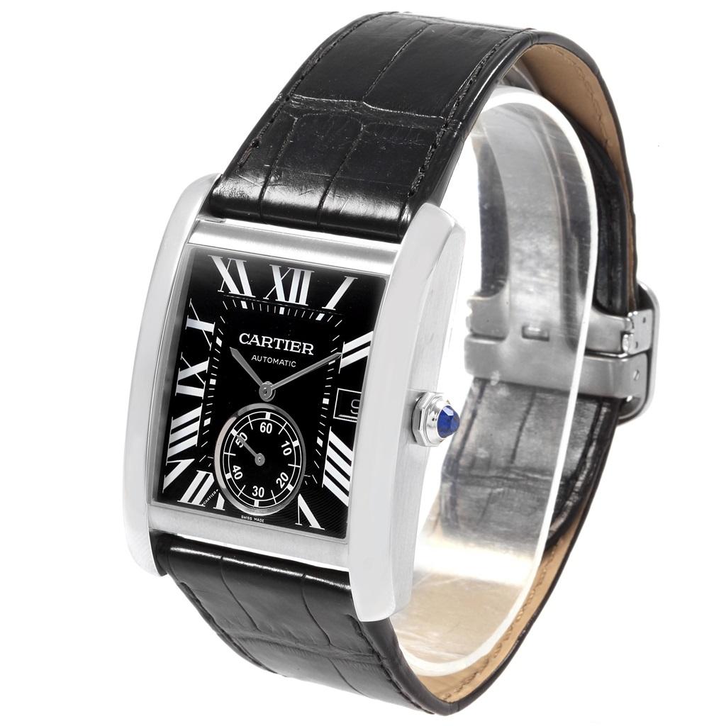 Cartier Tank MC Black Dial Automatic Mens Watch W5330004 Box Papers. Automatic self-winding movement caliber 1904-PS. Three body brushed stainless steel case 34.3 x 44.0 mm. Protected octagonal crown set with the faceted blue spinel. Exhibition case
