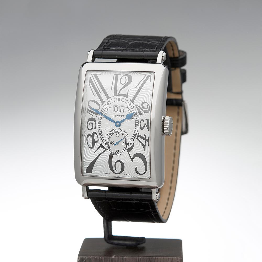 Contemporary 2005 Franck Muller Long Island Big Date White Gold 1200 S6 GG Wristwatch
 *
 *Complete with: Box, Manuals & Guarantee dated 15th October 2005
 *Case Size: 32mm
 *Strap: Black Crocodile Leather
 *Age: 2005
 *Strap length: Adjustable up