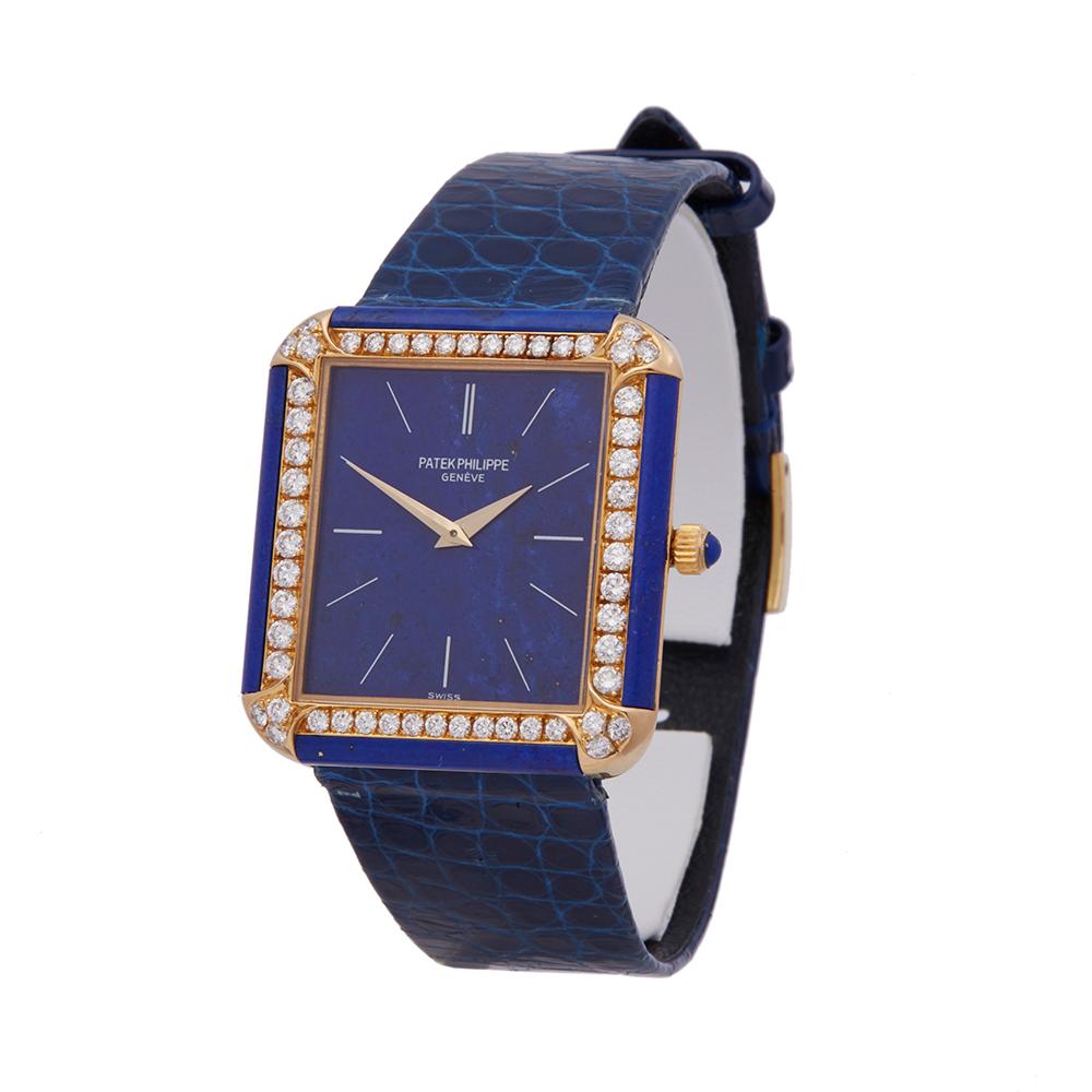 Contemporary 1990's Patek Philippe Vintage Lapis Lazuli Yellow Gold 3727 Wristwatch
 *
 *Complete with: Presentation Box & Extract from Archives dated 1990's
 *Case Size: 30mm by 31mm
 *Strap: Blue Leather
 *Age: 1990's
 *Strap length: Adjustable up