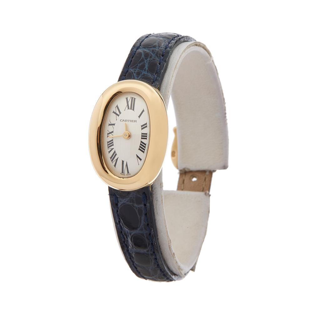 Contemporary 2010's Cartier Baignoire Mini Yellow Gold W1536699 Wristwatch
 *
 *Complete with: Box, Manuals & Guarantee dated 27th November 2017
 *Case Size: 18mm by 25mm
 *Strap: Blue Leather
 *Age: 2010's
 *Strap length: Adjustable up to 17cm.
