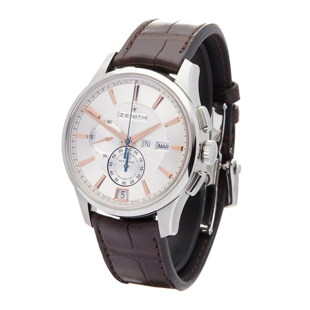 Contemporary 2017 Zenith El Primero Winsor Annual Calendar Stainless Steel Wristwatch
 *
 *Complete with: Box, Manuals & Guarantee dated 2017
 *Case Size: 42 mm
 *Strap: Brown Leather
 *Age: 2017
 
 **
 Condition: Item is in unworn or unused