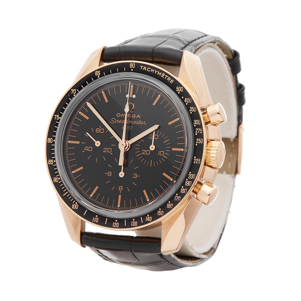 Contemporary 2007 Omega Speedmaster Chronograph 50th Anniversary Rose Gold Wristwatch
 *
 *Complete with: Box Only dated 2007
 *Case Size: 42mm
 *Strap: Black Leather
 *Age: 2007
 *Strap length: Adjustable up to 18cm. Please note we can order spare