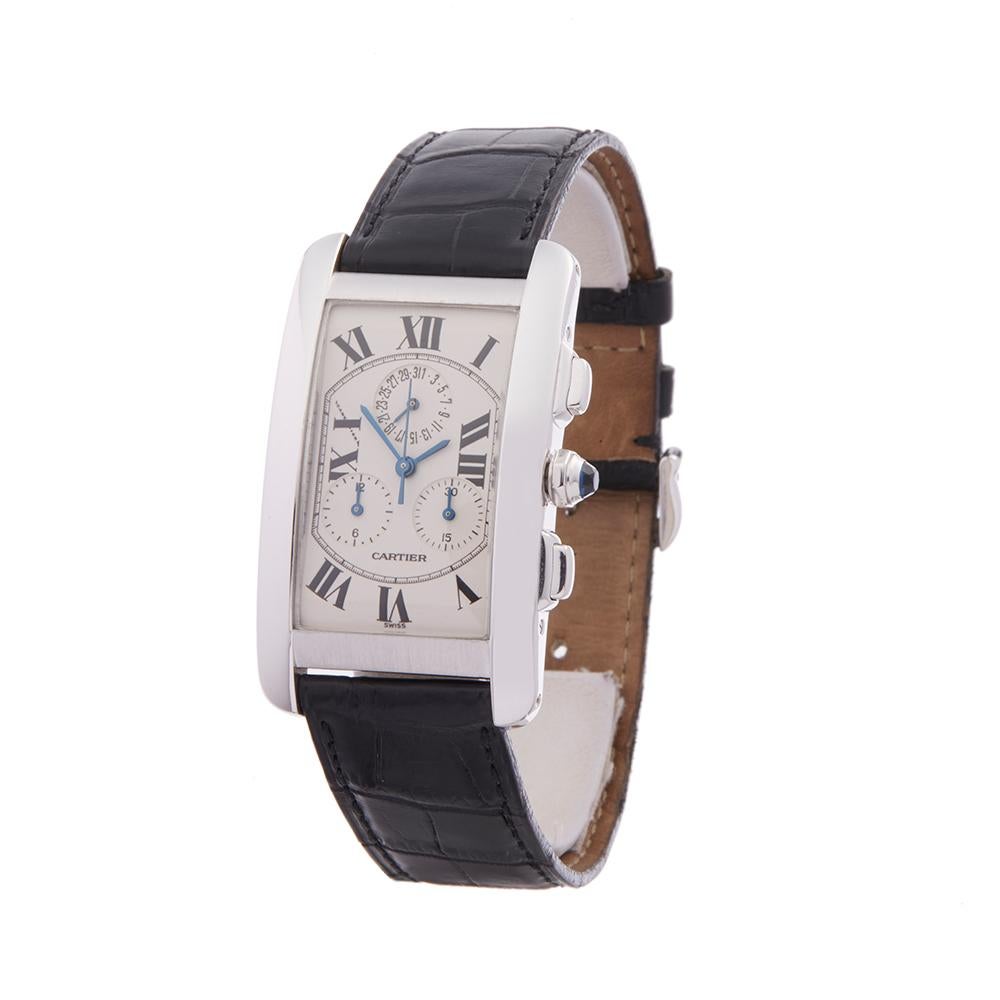 Contemporary 2000's Cartier Tank Americaine White Gold 2312 Wristwatch
 *
 *Complete with: Box & Cartier Service Papers Dated 22/1/16 dated 2000's
 *Case Size: 27mm by 45mm
 *Strap: Black Crocodile Leather
 *Age: 2000's
 *Strap length: Adjustable up