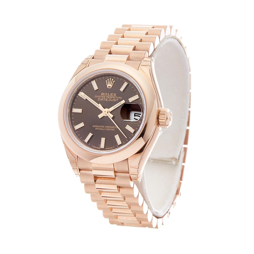 Contemporary 2015 Rolex Datejust 28 Rose Gold 279165 Wristwatch
 *
 *Complete with: Box & Guarantee dated 27th August 2015
 *Case Size: 28mm
 *Strap: 18K Rose Gold President
 *Age: 2015
 *Strap length: Adjustable up to 20cm. Please note we can order