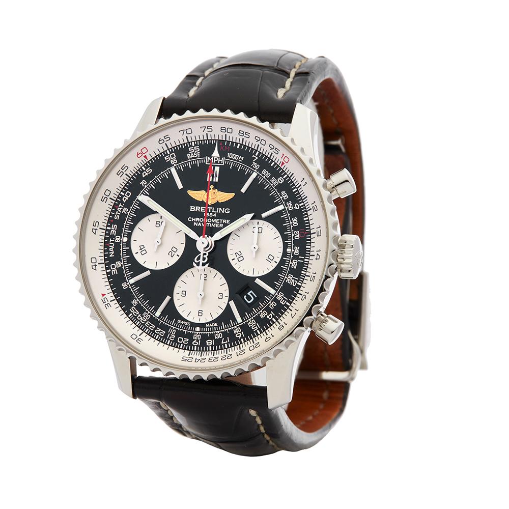 Contemporary 2014 Breitling Navitimer Chronograph Stainless Steel AB0120 Wristwatch
 *
 *Complete with: Box, Manuals & Guarantee dated 8th July 2014
 *Case Size: 43mm
 *Strap: Black Leather
 *Age: 2014
 *Strap length: Adjustable up to 20cm. Please