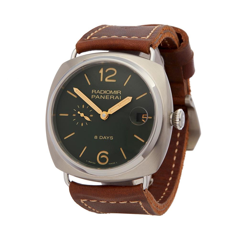 Contemporary 2017 Panerai Radiomir 8 Days Titanio Boutique Titanium PAM00735 Wristwatch
 *
 *Complete with: Box, Manuals & Guarantee dated 8th November 2017
 *Case Size: 45mm
 *Strap: Brown Leather
 *Age: 2017
 *Strap length: Adjustable up to 20cm.