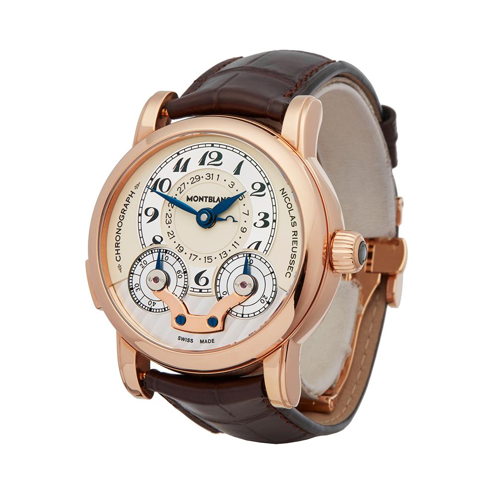 Contemporary 2018 Montblanc Nicolas Rieussec Chronograph Rose Gold 102334 Wristwatch
 *
 *Complete with: Box, Manuals & Guarantee dated 28th January 2018
 *Case Size: 41mm
 *Strap: Brown Leather
 *Age: 2018
 *Strap length: Adjustable up to 19cm.