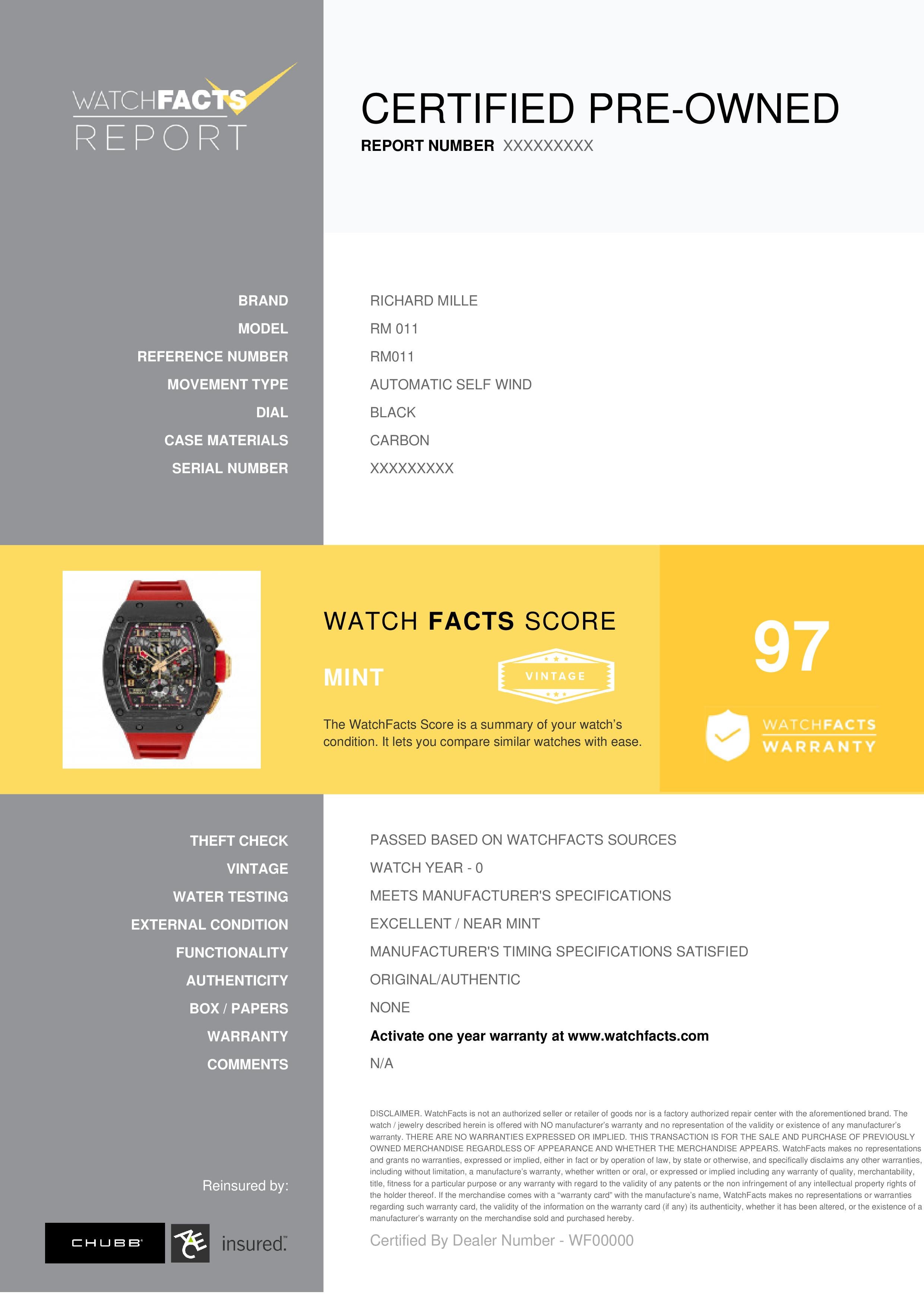 Richard Mille RM 011 Reference #:RM011. Richard Mille partnered with the Romain Grosjean to create a timepiece that honored the endurance of Formula one competitions and the glorious design of the Lotus F1 team. The tonneau case is 50 mm x 44.5 mm