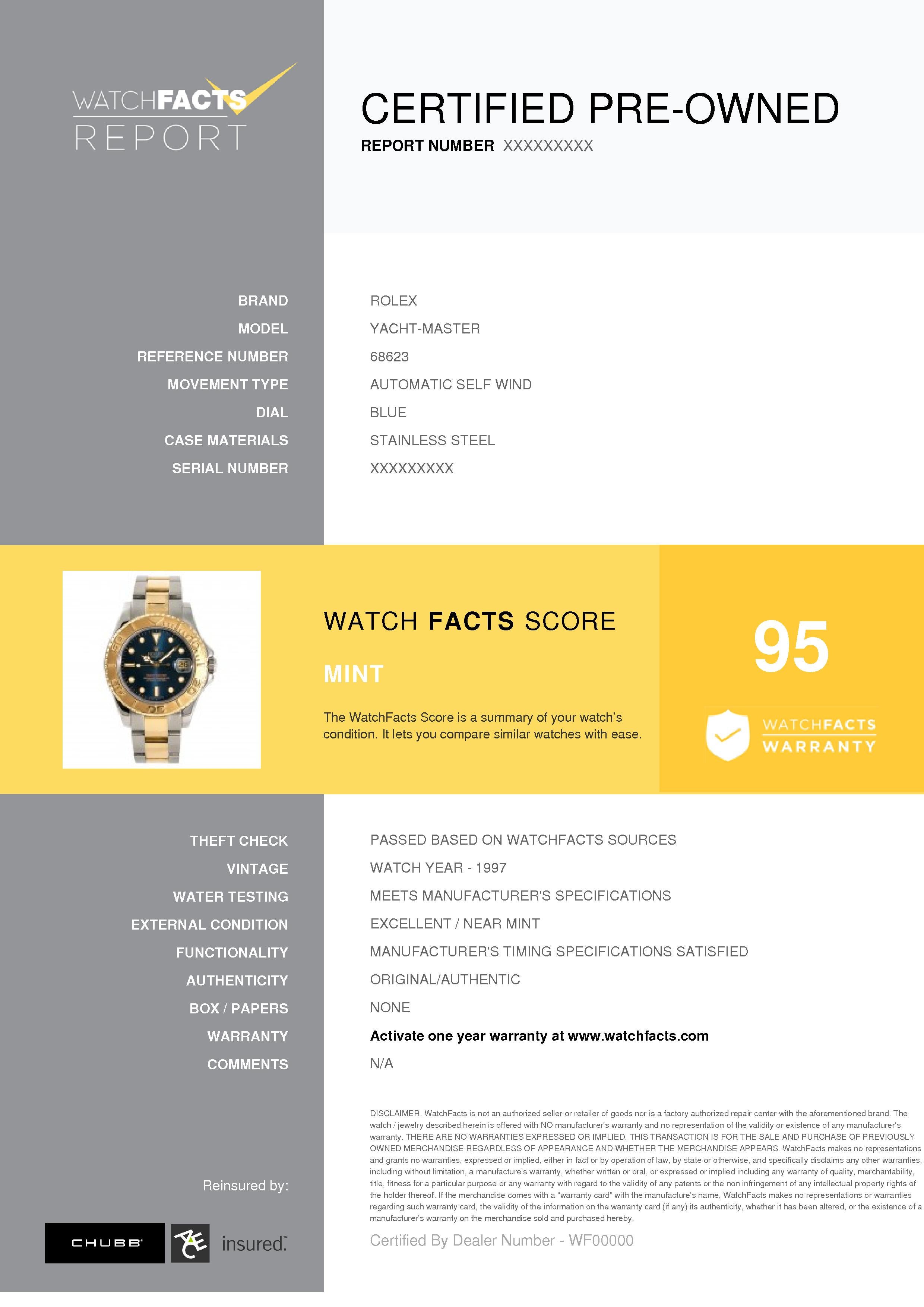 Rolex Yacht-Master Reference #:68623. Rolex Yacht-Master 68623 Blue Dial Unisex Automatic Watch 18k Two Tone SS 35mm. Verified and Certified by WatchFacts. 1 year warranty offered by WatchFacts.
