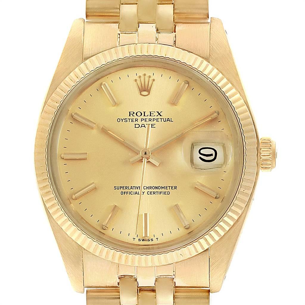 Rolex Date 14k Yellow Gold Jubilee Bracelet Vintage Mens Watch 1503. Officially certified chronometer self-winding movement. 14k yellow gold case 34 mm in diameter. Rolex logo on a crown. 14k yellow gold fluted bezel. Acrylic crystal with cyclops