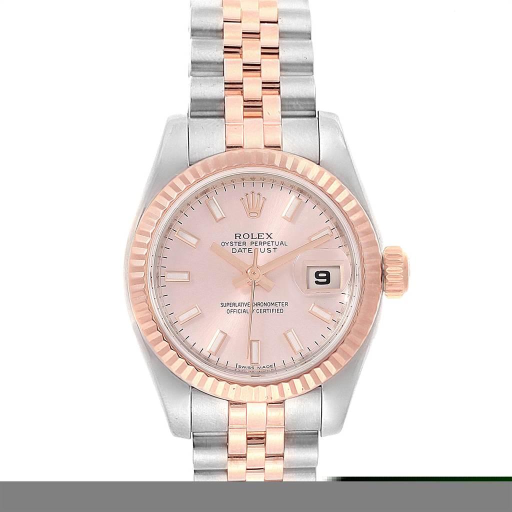 Rolex Datejust Steel Everose Gold Ladies Watch 179171 Box Papers. Officially certified chronometer self-winding movement. Stainless steel oyster case 26.0 mm in diameter. Rolex logo on a 18K rose gold crown. 18k rose gold fluted bezel. Scratch